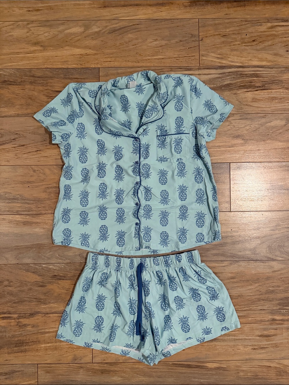 Light Blue Pineapple Short Pajama Set with Navy Trim